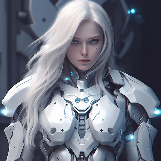 Eine Frau mit langen Haaren und weißer Perücke steht vor einem Roboter.
