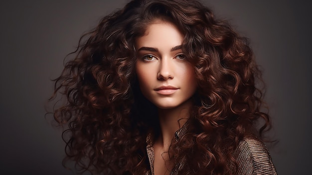 Eine Frau mit langen, lockigen, braunen Haaren steht vor einem dunklen Hintergrund.