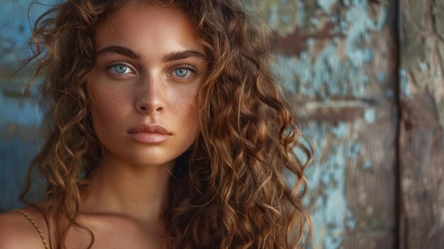 eine Frau mit langen lockigen Haaren und blauen Augen