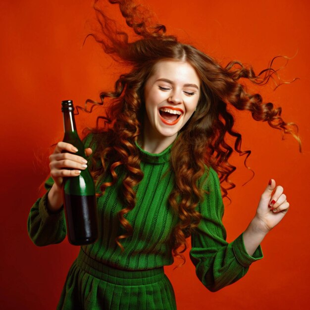 eine Frau mit langen roten Haaren hält eine Flasche Bier