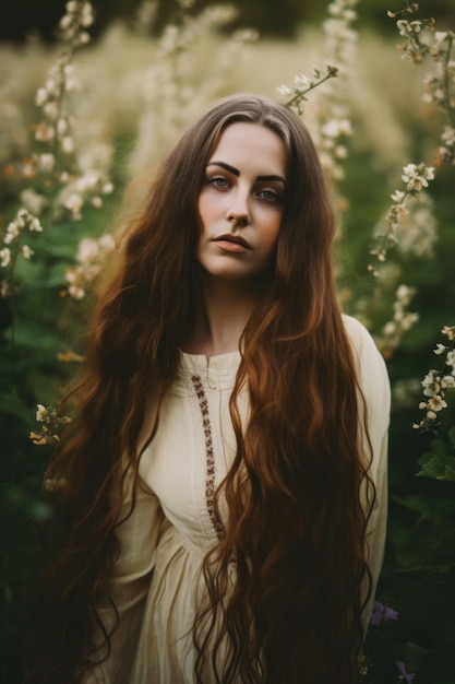 Eine Frau mit langen roten Haaren steht in einem Blumenfeld. Generatives KI-Bild