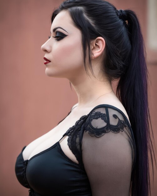 Eine Frau mit langen schwarzen Haaren trägt ein schwarzes Kleid