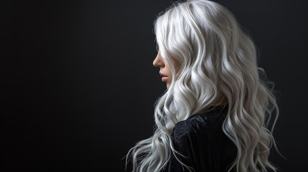 Eine Frau mit langen weißen Haaren steht vor einem schwarzen Hintergrund