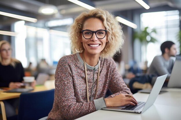 Foto eine frau mit laptop und brille im gesicht.