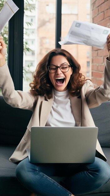 eine Frau mit Laptop und eine Frau mit einem großen Lächeln auf ihrem Gesicht