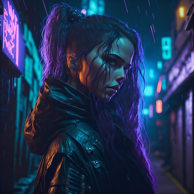 Eine Frau mit lila Haaren steht in einer dunklen Stadtstraße.