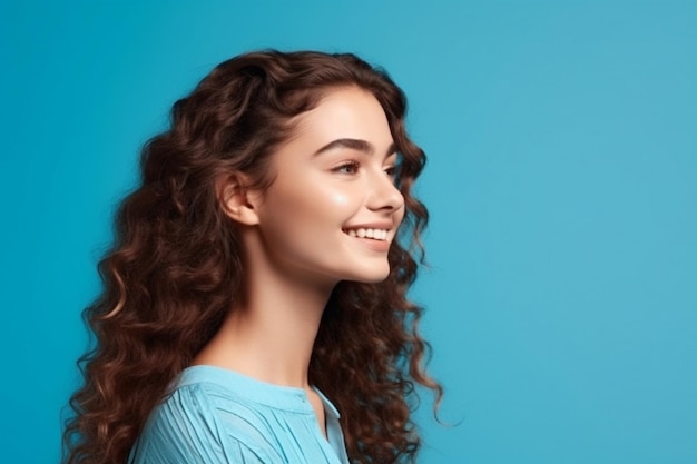 Eine Frau mit lockigem Haar auf blauem Hintergrund