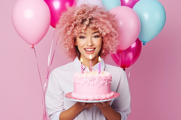 eine Frau mit lockigem Haar, die einen Kuchen hält