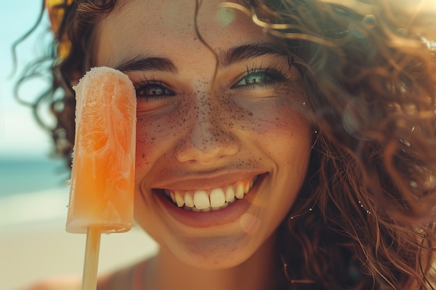 Eine Frau mit lockigem Haar hält ein Eiscreme und lächelt