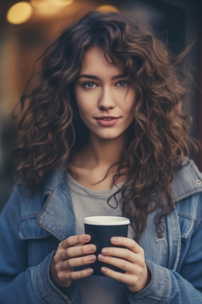 Eine Frau mit lockigem Haar hält eine Tasse Kaffee in der Hand.
