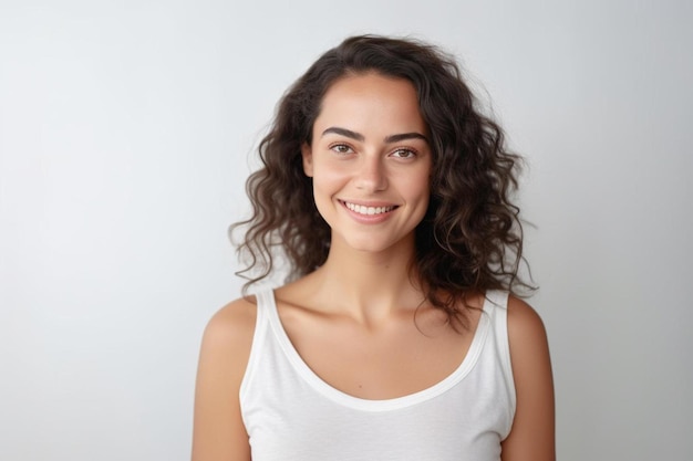 eine Frau mit lockigem Haar lächelt mit einem weißen Tanktop