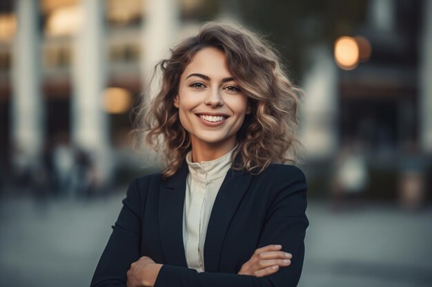 Eine Frau mit lockigem Haar steht vor einem Gebäude.