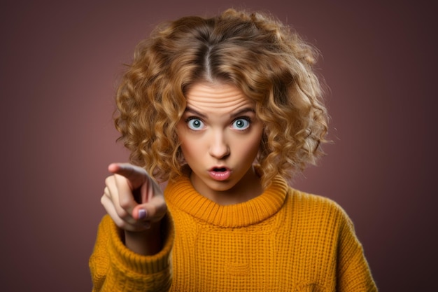 Foto eine frau mit lockigem haar und einem gelben pullover zeigt auf etwas