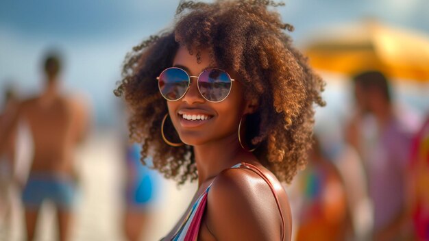 Eine Frau mit lockigem Haar und Sonnenbrille steht am Strand