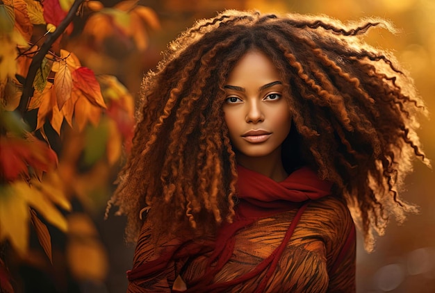 eine Frau mit lockigen Dreadlocks im Herbst im Stil der satten Farbkontraste