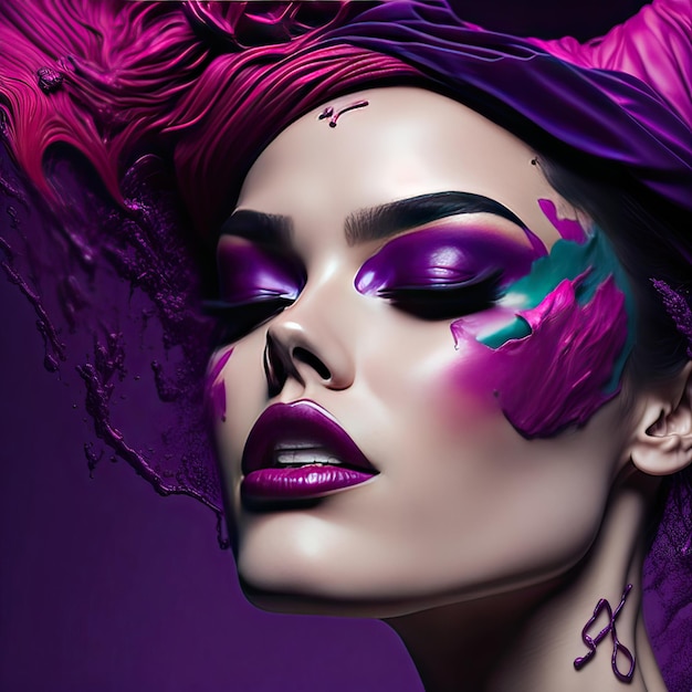 Eine Frau mit Make-up und einem lila Hintergrund mit dem Wort „Glam“ auf der Vorderseite