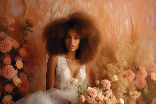 Eine Frau mit natürlicher Afro-Frisur sitzt vor einer floralen Kulisse.