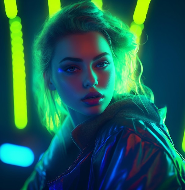 Eine Frau mit Neon-Make-up und Neon-Haaren, gekleidet in eine metallische Jacke