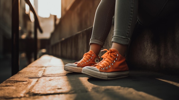Eine Frau mit orangefarbenen Converse-Schuhen sitzt auf einem Bürgersteig.
