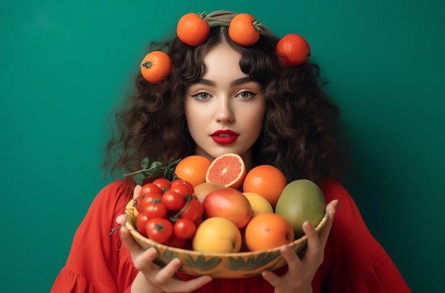 Eine Frau mit orangefarbenen Haaren hält eine Obstschale in der Hand.