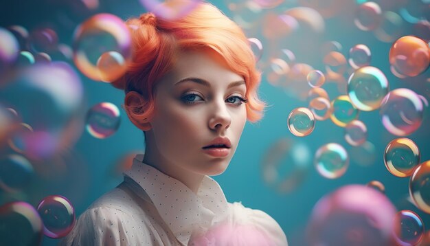 Eine Frau mit orangefarbenen Haaren und einem blauen Hintergrund mit Blasen im Hintergrund