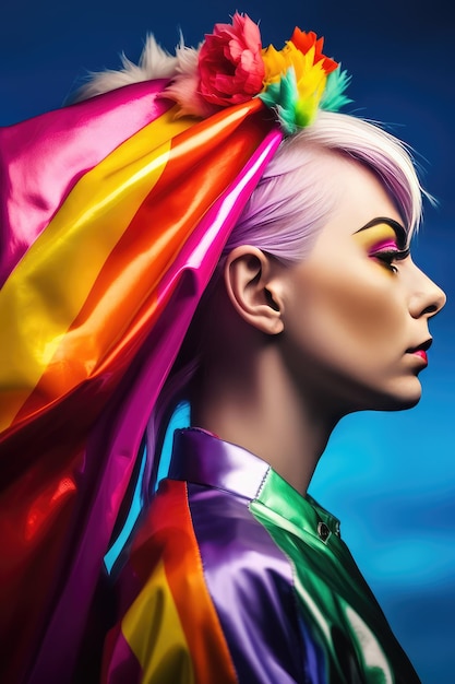 Eine Frau mit regenbogenfarbenen Haaren und einem Regenbogenschal