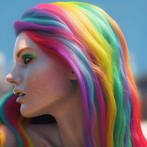 Eine Frau mit Regenbogenfrisur steht vor einem blauen Himmel.