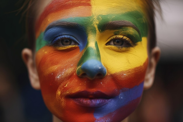 Eine Frau mit Regenbogenschminke im Gesicht