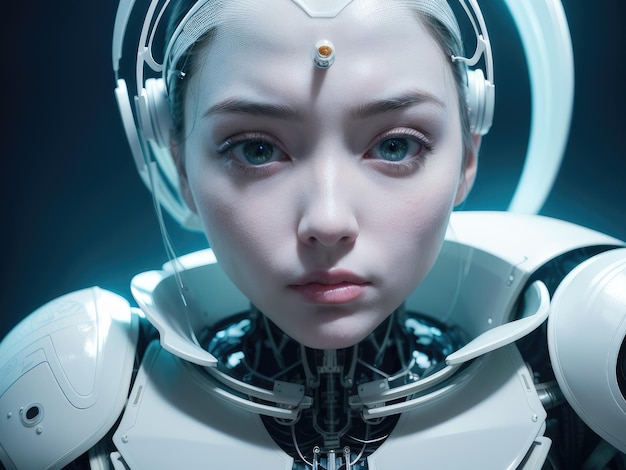 Eine Frau mit Robotergesicht und blauem Hintergrund