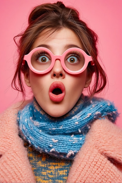 Eine Frau mit rosa Brille und Schal