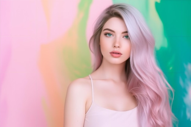 Eine Frau mit rosa Haaren steht vor einer bunten Wand