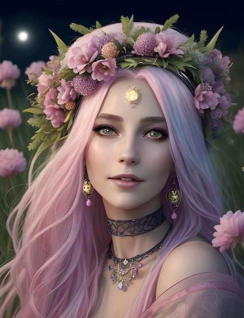 Eine Frau mit rosa Haaren und Blumen in einer Krone