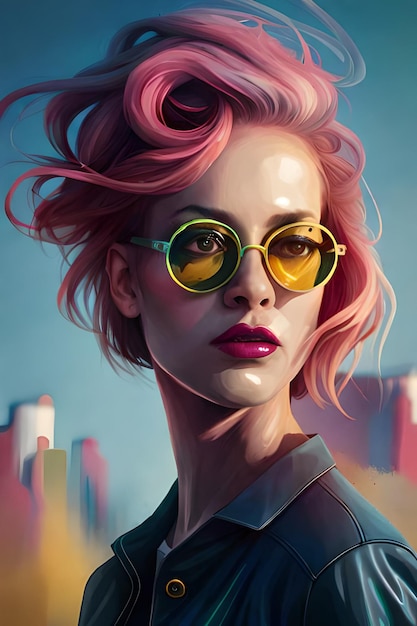 Eine Frau mit rosa Haaren und Brille vor einer Stadtlandschaft