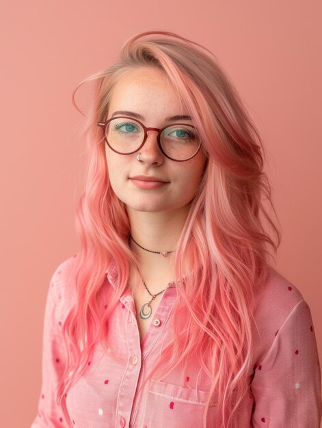 Foto eine frau mit rosa haaren und brille