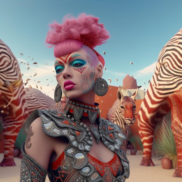 eine Frau mit rosa Haaren und einem blau-rosa Outfit mit der Aufschrift „Goua“ auf der Vorderseite.