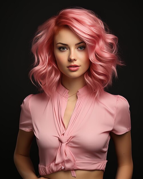 eine Frau mit rosa Haaren und einem rosa Kleid mit einem rosa Band