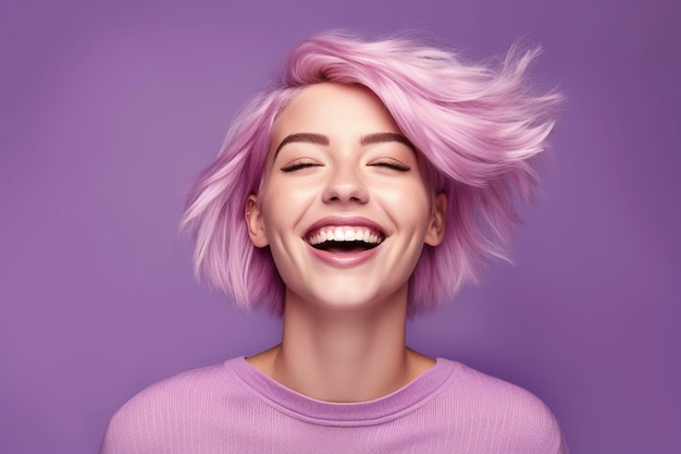 Eine Frau mit rosa Haaren und einem rosa Pullover