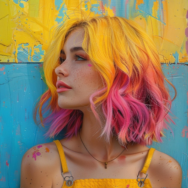eine Frau mit rosa Haaren und gelbem und rosa Haar steht vor einer gelben und blauen Wand