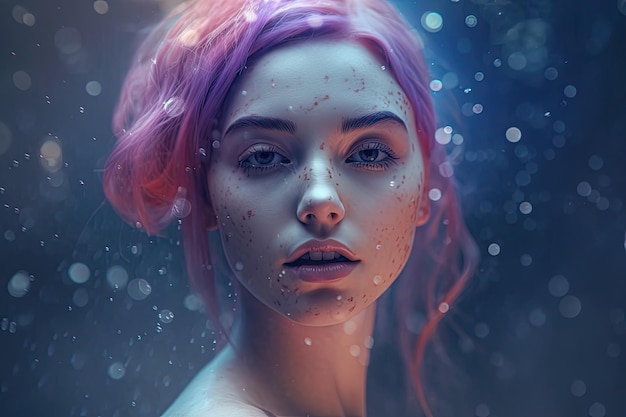 eine Frau mit rosa Haaren und Sommersprossen