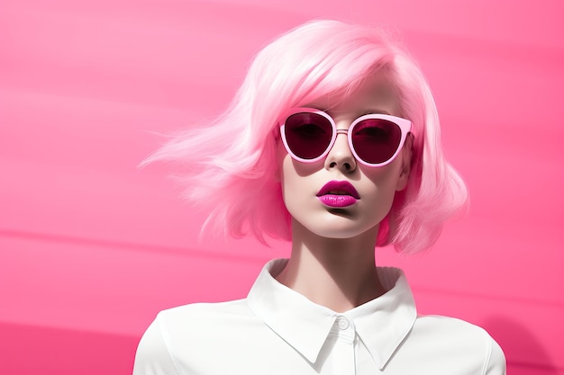 eine Frau mit rosa Haaren und Sonnenbrille auf rosa Hintergrund