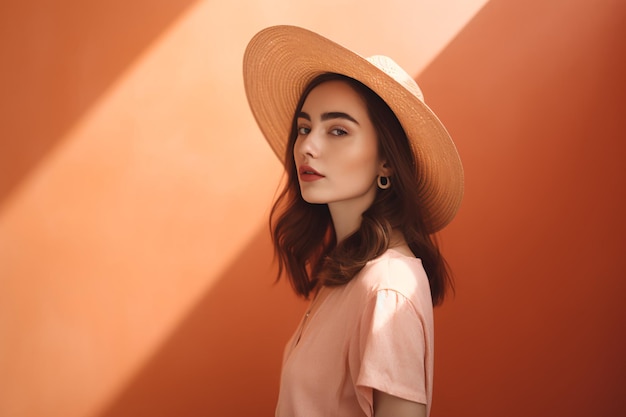 Eine Frau mit rosa Hut steht vor einer orangefarbenen Wand.