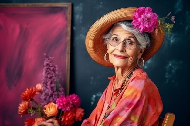 Eine Frau mit rosa Hut und rosa Blume sitzt vor einem Gemälde.