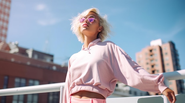 Eine Frau mit rosa Sonnenbrille und rosa Sweatshirt steht vor einem blauen Himmel.