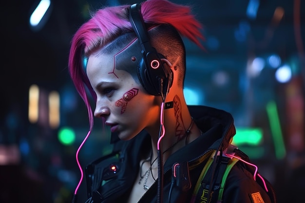 Eine Frau mit rosafarbenem Haarschnitt und einem Kopfhörer mit dem Wort Cyberpunk darauf.