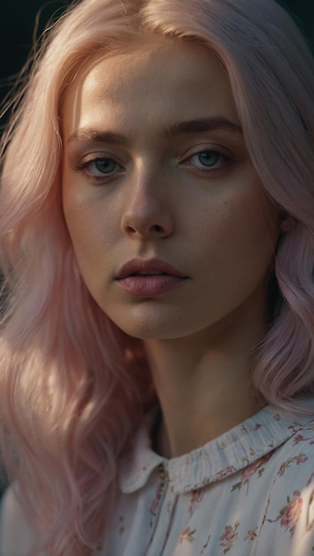 eine Frau mit rosafarbenen Haaren und einem weißen Hemd mit rosa Haaren