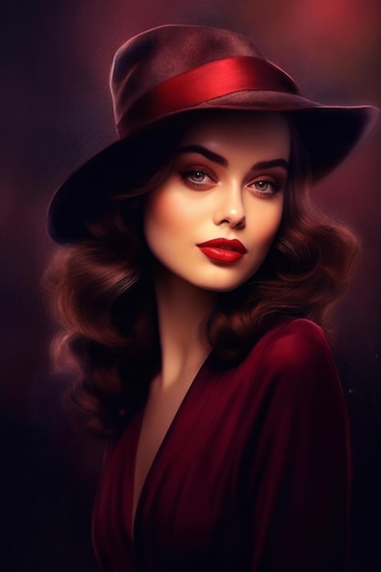 Eine Frau mit rotem Hut und rotem Hintergrund.