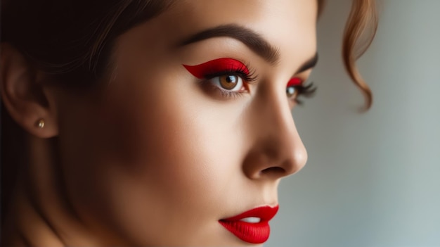 Eine Frau mit rotem Lippenstift und rotem Eyeliner