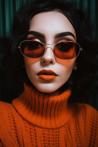 Eine Frau mit rotem Pullover und Sonnenbrille.