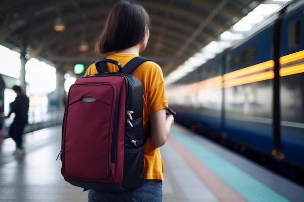 Eine Frau mit rotem Rucksack steht an einem Bahnhof vor einem Zug.