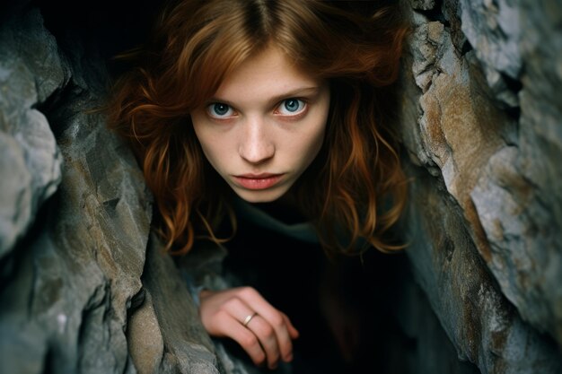 Foto eine frau mit roten haaren, die aus einer höhle schaut